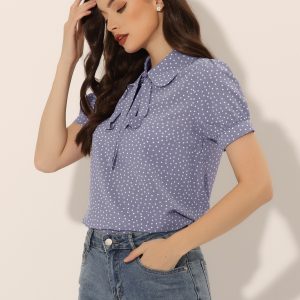 Retro Dots Bow Tie Peter Pan Collar Chiffon Blouse Light Purple/S - Allegra K catalog