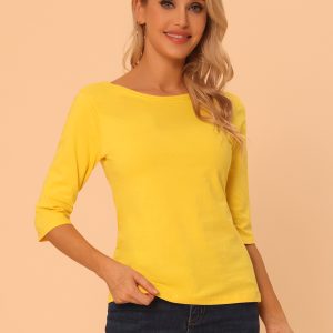 Casual Boat Neck 3/4 Sleeve Solid Basic T-shirt Yellow/L - Allegra K catalog