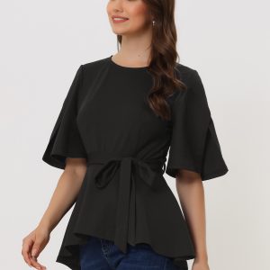 Split Half Sleeve Crew Neck Belted Knot Drap Casual Peplum Blouse Black/L - Allegra K catalog