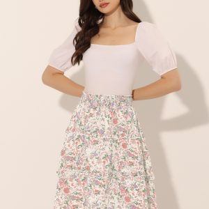 Floral Smocked Elastic Waist Knee Length Ruffle Tiered Skirt White2/XL - Allegra K catalog
