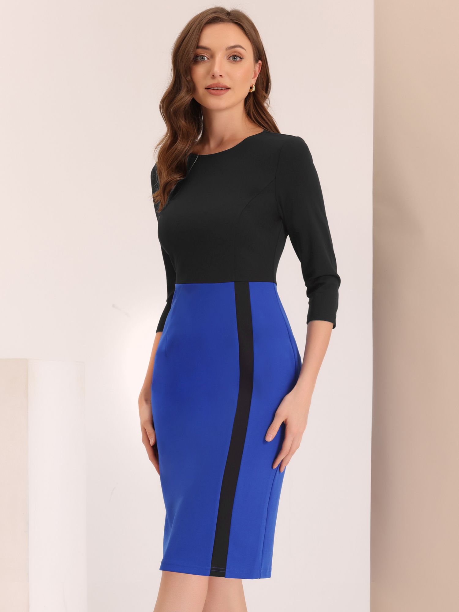 Pencil Round Neck 3/4 Sleeve Contrast Office Sheath Dress Black/S - Allegra K catalog