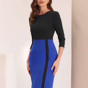 Pencil Round Neck 3/4 Sleeve Contrast Office Sheath Dress Black/L - Allegra K catalog