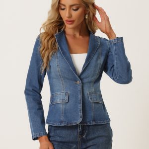 Lapel Collar Long Sleeve One Button Denim Blazer Jean Jacket Blue/M - Allegra K catalog