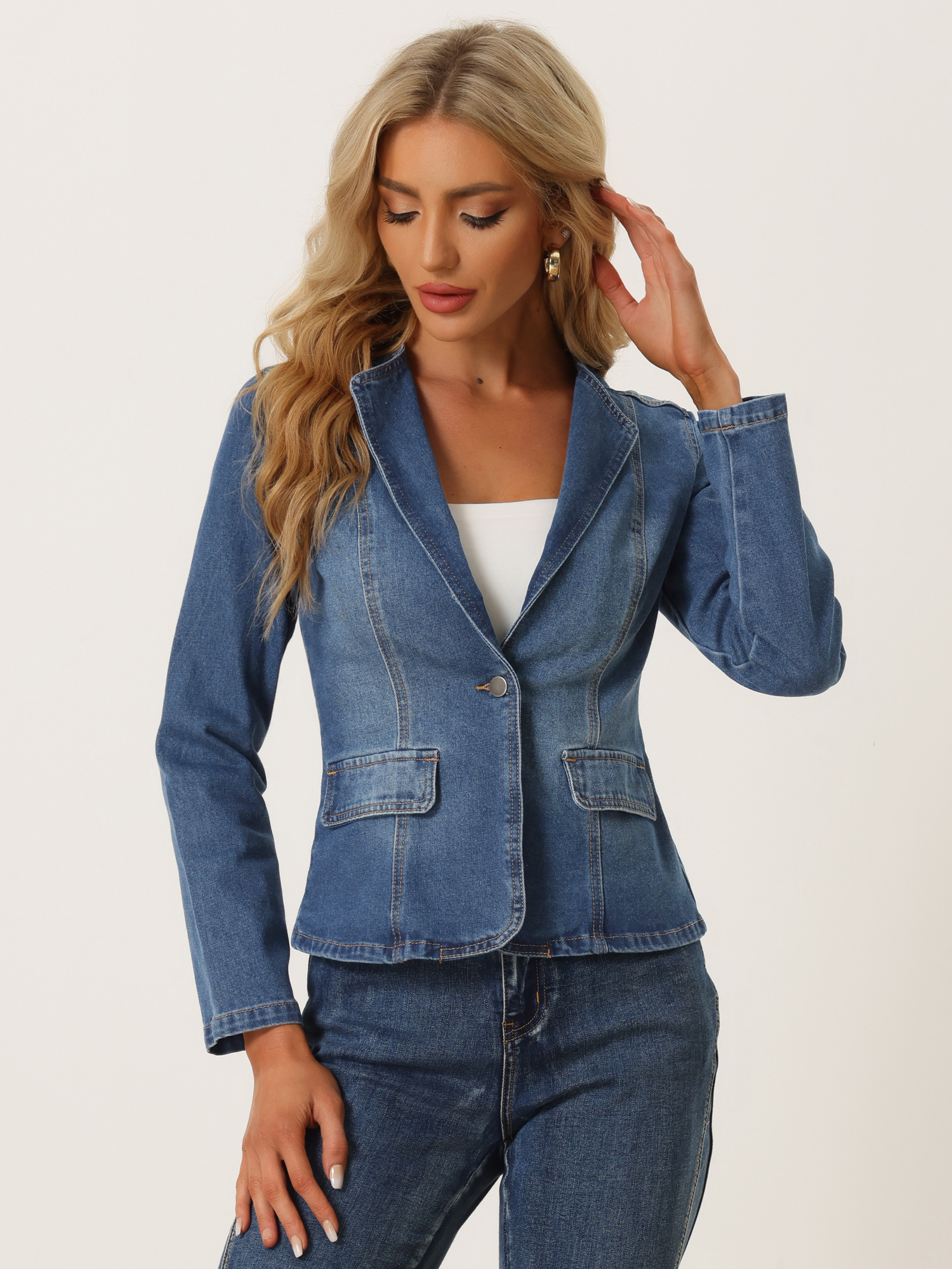 Lapel Collar Long Sleeve One Button Denim Blazer Jean Jacket Blue/XL - Allegra K catalog