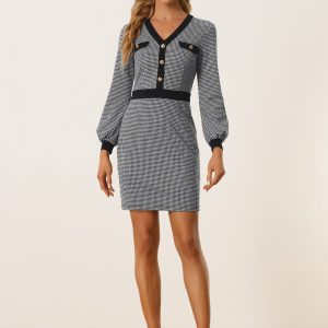 Houndstooth V Neck Long Sleeve Elegant Sheath Dresses Black/L - Allegra K catalog