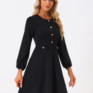 Crew Neck Office Contrast Button Decor Long Sleeve Dress Black/XL - Allegra K catalog