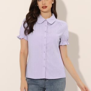 Cotton Frilled Top Turndown Collar Solid Blouse Shirt Light Purple/L - Allegra K catalog