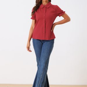 Cotton Frilled Top Turndown Collar Solid Blouse Shirt Burgundy/S - Allegra K catalog