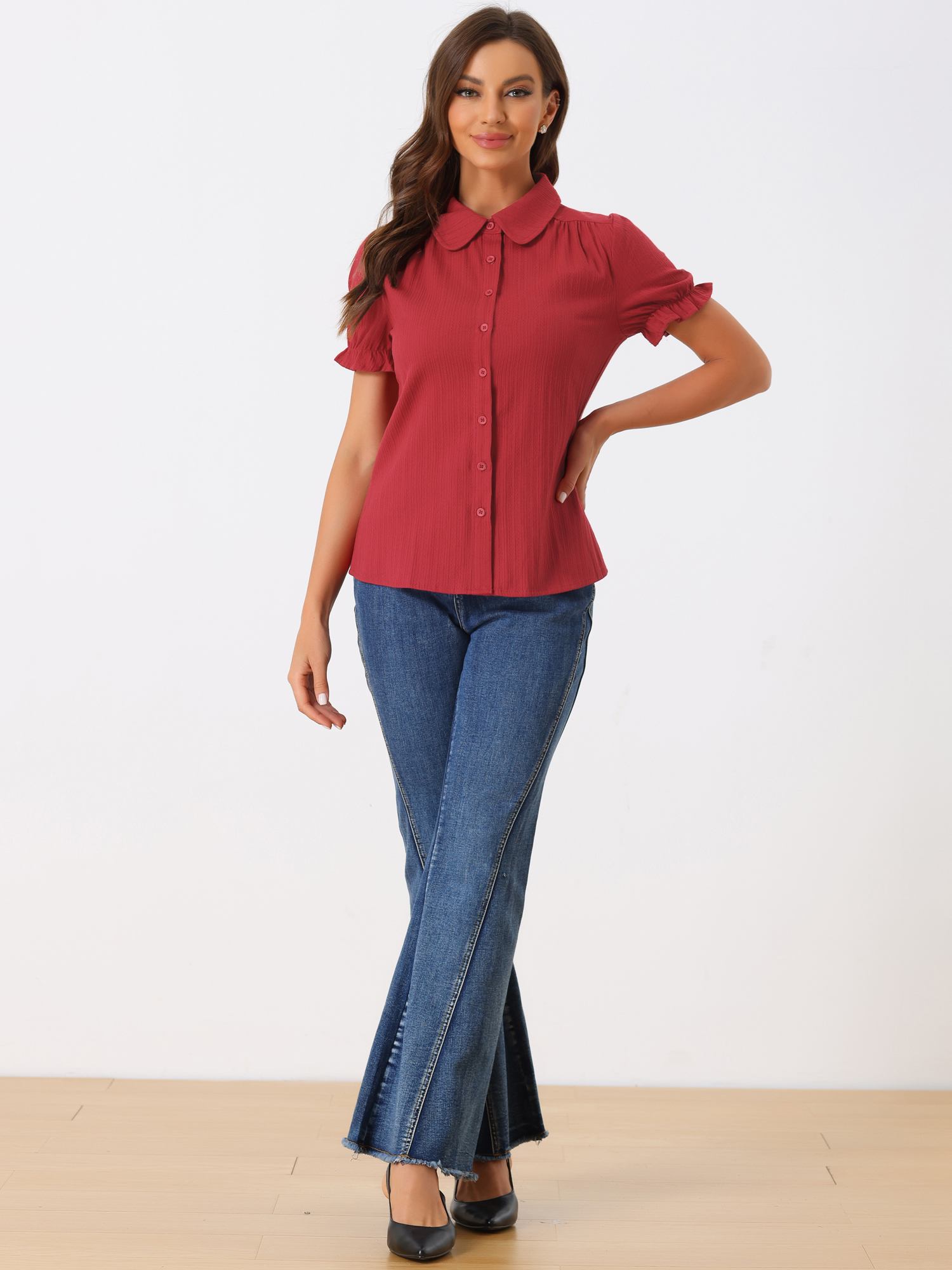 Cotton Frilled Top Turndown Collar Solid Blouse Shirt Burgundy/M - Allegra K catalog