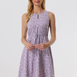 Floral Drawstring Waist Sleeveless A-Line Midi Dress Sundress Purple/XL - Allegra K catalog