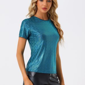 Glitter Metallic Short Sleeve Shiny Multicolor Blouse Green Blue/M - Allegra K catalog