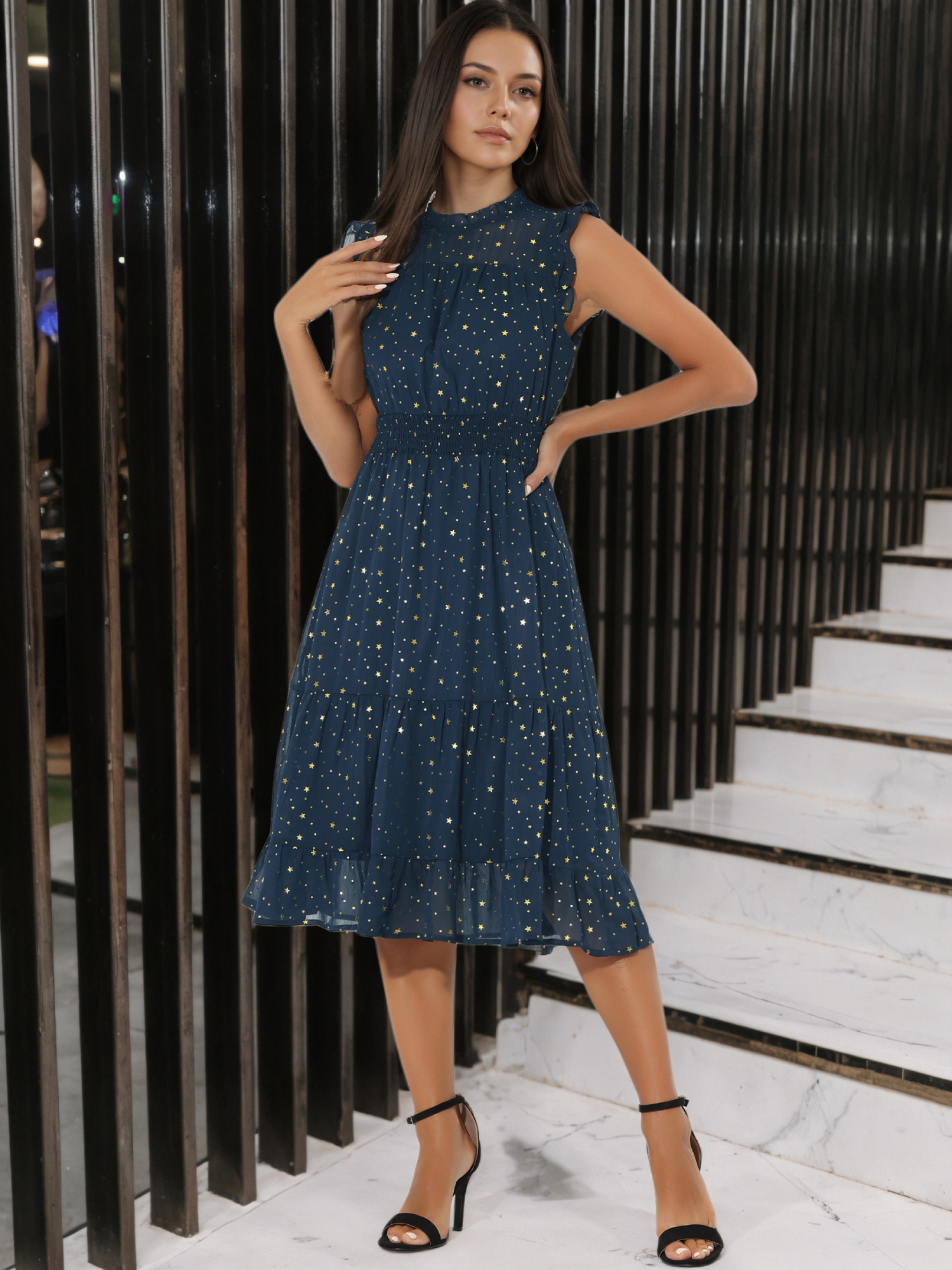Chiffon Sleeveless Smocked Waist Gilding Metallic Stars Party Dress Dark Blue/S - Allegra K catalog