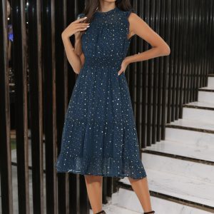Chiffon Sleeveless Smocked Waist Gilding Metallic Stars Party Dress Dark Blue/L - Allegra K catalog