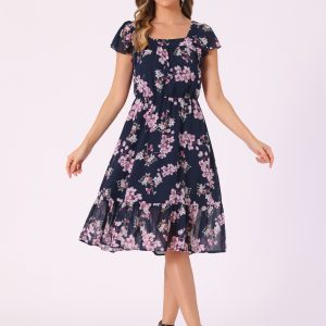 Floral Chiffon Flutter Sleeve Belted Square Neck Ruffled Hem Dress Blue Pink/M - Allegra K catalog