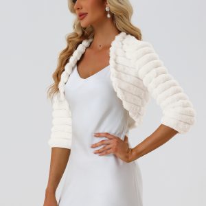 Faux Fur 3/4 Sleeves Cocktail Cropped Jacket Bolero Shrug White/XS - Allegra K catalog