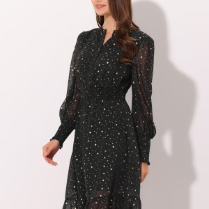 Metallic Star V Neck Button Up Smocked Chiffon Dress Black/L - Allegra K catalog
