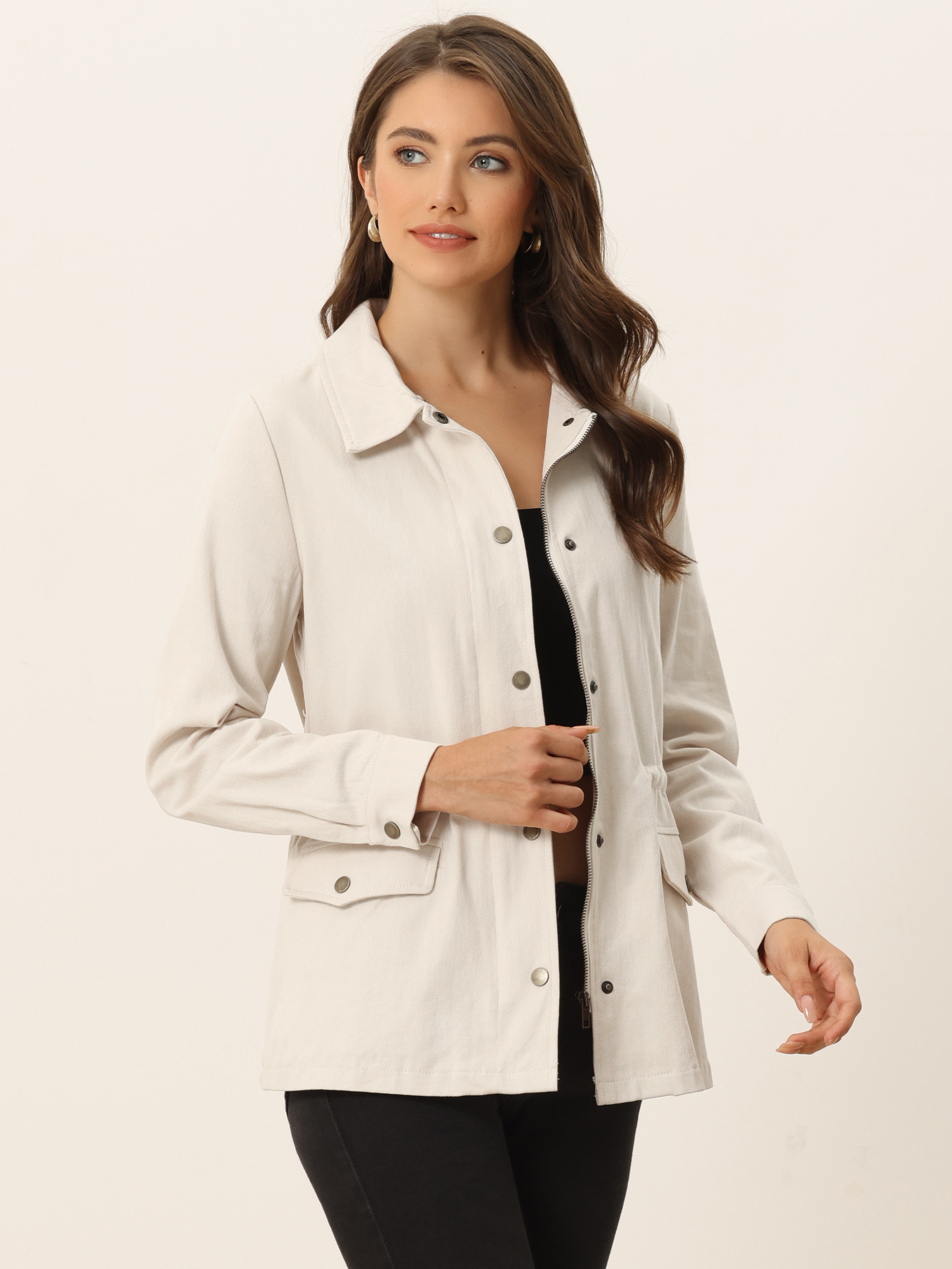Drawstring Waist Flap Pocket Lightweight Utility Safari Jacket Apricot/L - Allegra K catalog