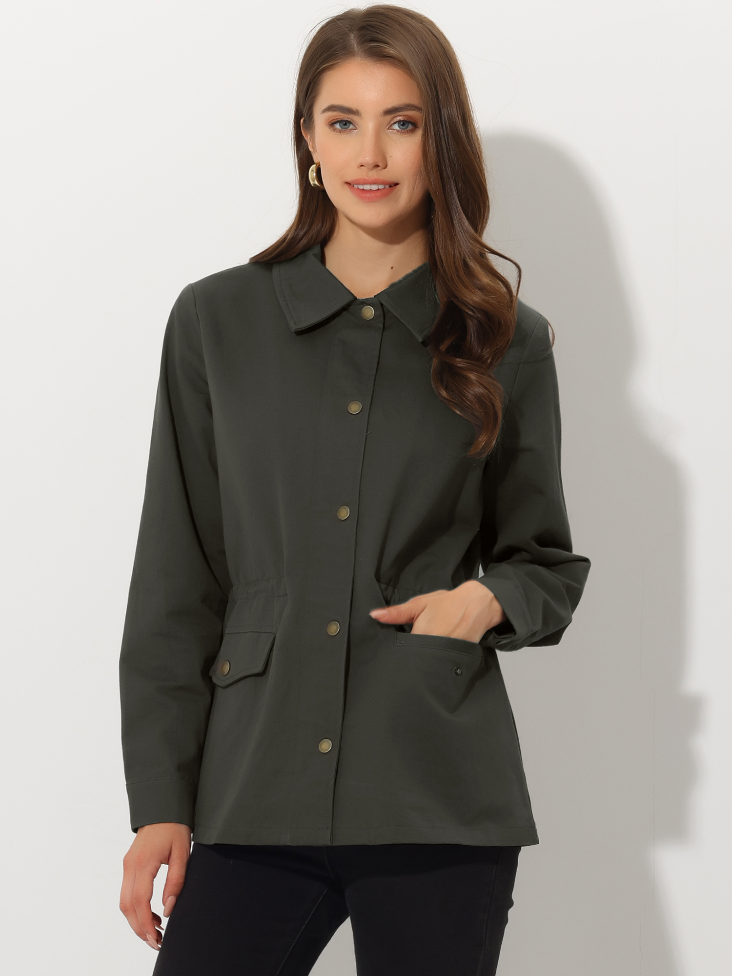 Drawstring Waist Flap Pocket Lightweight Utility Safari Jacket Dark Grey/XL - Allegra K catalog