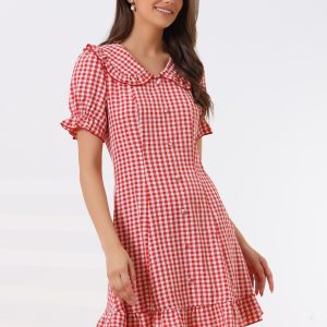 Gingham Checks Ruffled Peter Pan Collar 1960s Vintage Mini Dress Red/S - Allegra K catalog