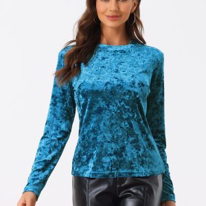 Casual Velvet Top Soft Vintage Crew Neck Long Sleeve T-Shirt Blue/M - Allegra K catalog