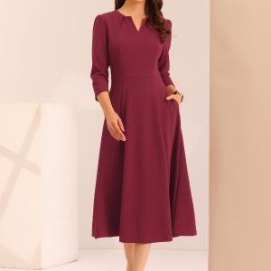 Notch Neck Pocketed 3/4 Sleeve Solid A-Line Work Dress Burgundy/S - Allegra K catalog