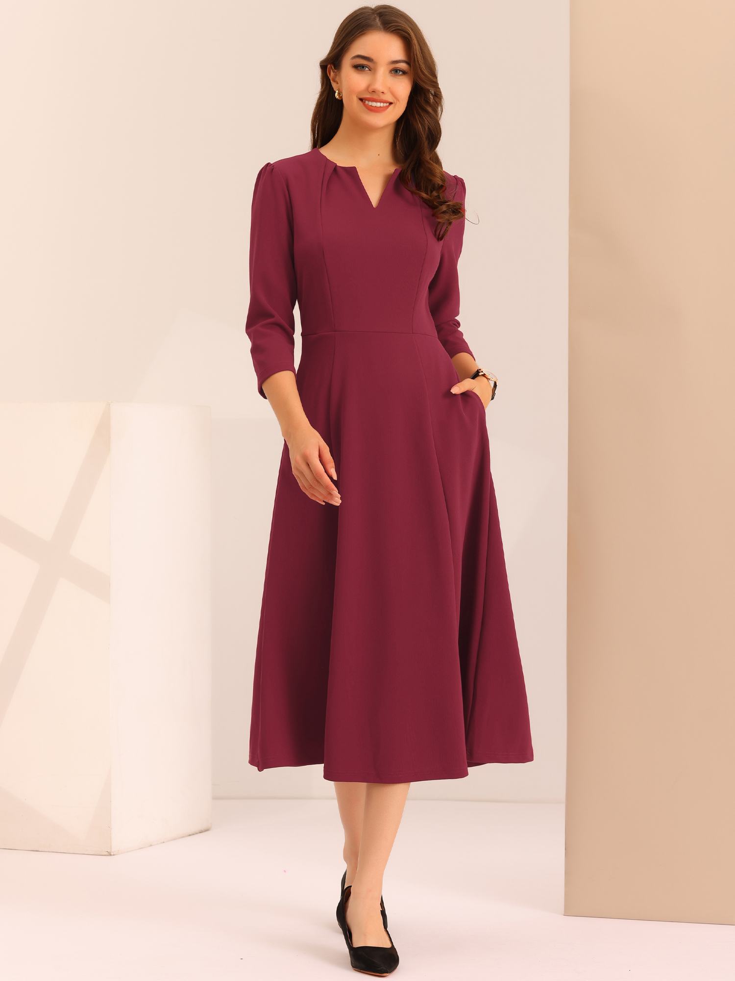 Notch Neck Pocketed 3/4 Sleeve Solid A-Line Work Dress Burgundy/S - Allegra K catalog