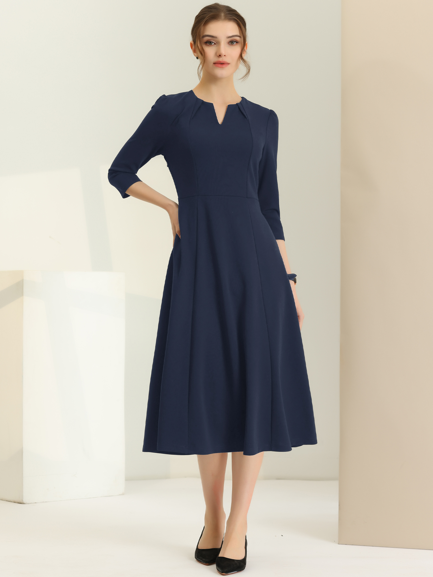 Notch Neck Pocketed 3/4 Sleeve Solid A-Line Work Dress Navy Blue/M - Allegra K catalog