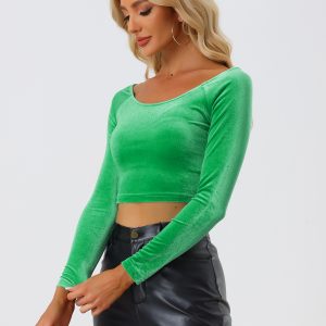 Velvet Long Sleeve Off Shoulder Solid Crop Top Green/M - Allegra K catalog
