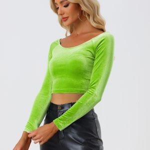 Velvet Long Sleeve Off Shoulder Solid Crop Top Light Green/XS - Allegra K catalog