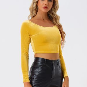Velvet Long Sleeve Off Shoulder Solid Crop Top Yellow/XS - Allegra K catalog