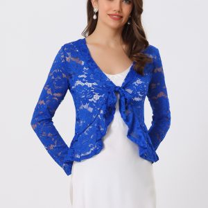 Floral Lace Tie Front Ruffled Hem Sheer Crop Bolero Shrug Royal Blue/S - Allegra K catalog