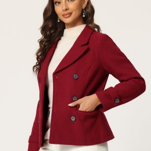 Winter Notched Lapel Double Breasted Short Pea Coat Dark Red/L - Allegra K catalog