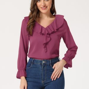 Ruffle Neck Gathered Cuff Long Sleeves Blouse Fuchsia/M - Allegra K catalog