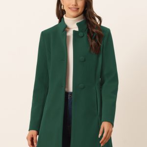 Stand Collar Single Breasted Solid Color Pea Coat Deep Green/M - Allegra K catalog