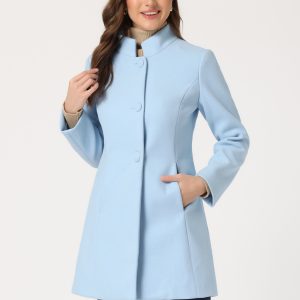 Stand Collar Single Breasted Solid Color Pea Coat Light Blue/S - Allegra K catalog