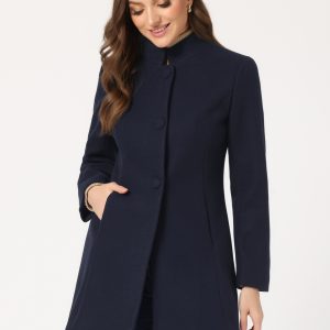 Stand Collar Single Breasted Solid Color Pea Coat Navy Blue/XS - Allegra K catalog