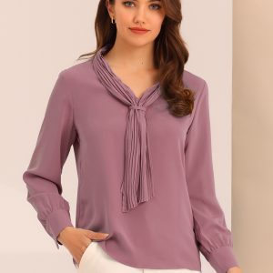 Long Sleeve Chiffon Pleated Tie Neck Office Blouse Mauve/S - Allegra K catalog