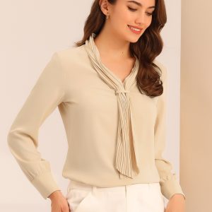 Long Sleeve Chiffon Pleated Tie Neck Office Blouse Beige/XL - Allegra K catalog