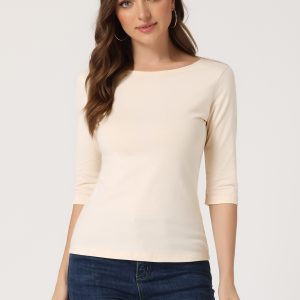 Casual Boat Neck 3/4 Sleeve Solid Basic T-shirt Beige/XL - Allegra K catalog