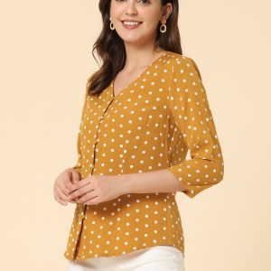 Polka Dots 3/4 Sleeve Button Front Vintage Office Blouse Top Yellow/M - Allegra K catalog
