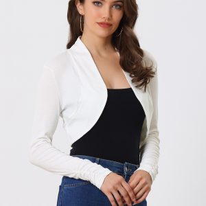 Ruched Long Sleeve Open Front Knit Cropped Bolero Shrug White/S - Allegra K catalog