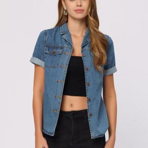 Button Up Collared Short Sleeve Pocket Classic Denim Shirt Blue/L - Allegra K catalog