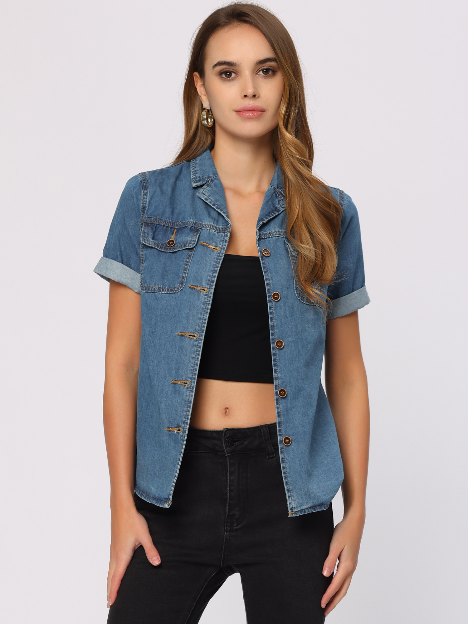 Button Up Collared Short Sleeve Pocket Classic Denim Shirt Blue/L - Allegra K catalog