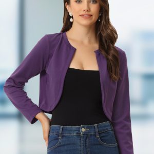 Curved Hem Long Sleeves Open Front Cropped Jacket Bolero Shrug Deep Purple/M - Allegra K catalog