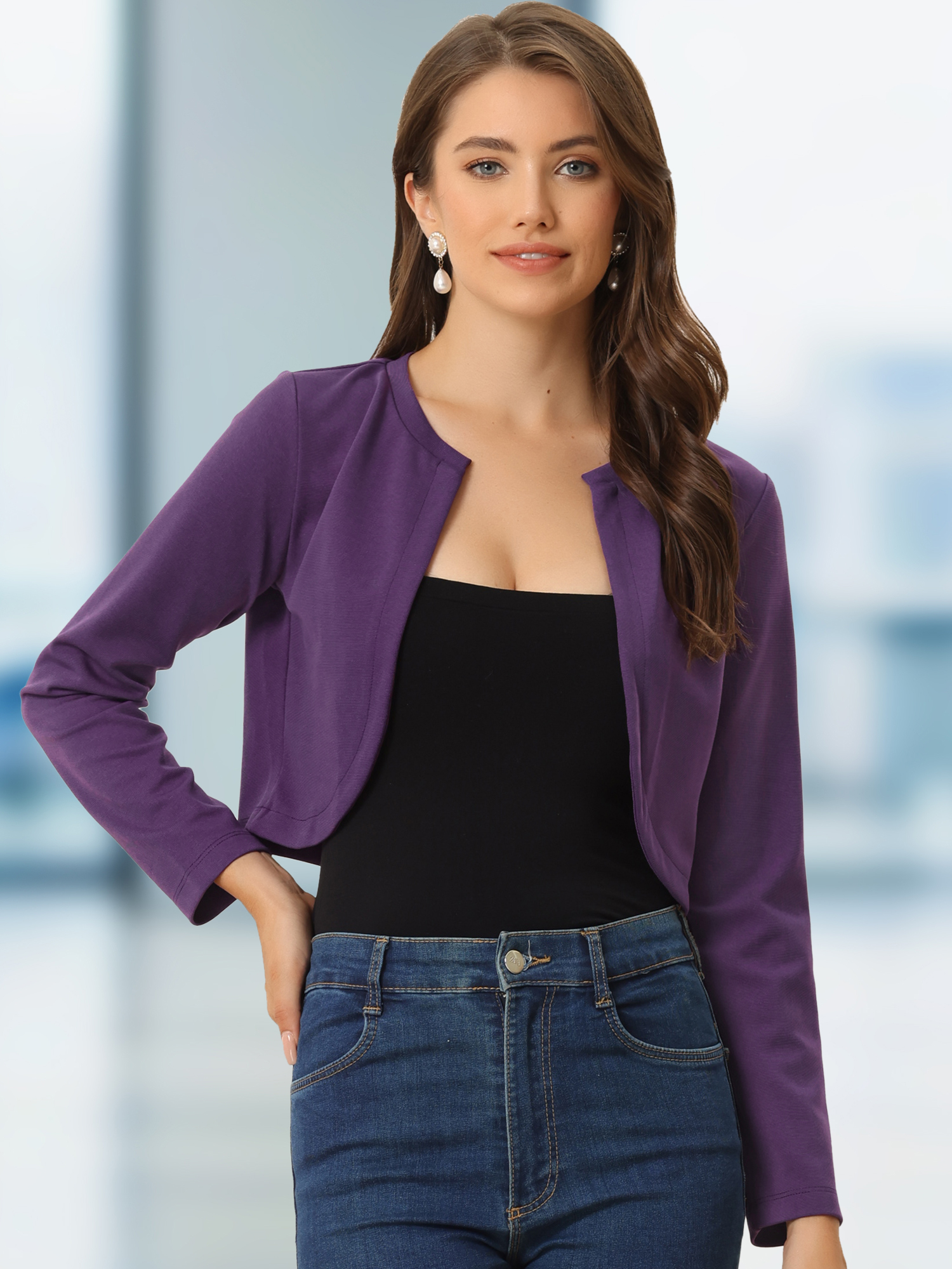 Curved Hem Long Sleeves Open Front Cropped Jacket Bolero Shrug Deep Purple/M - Allegra K catalog