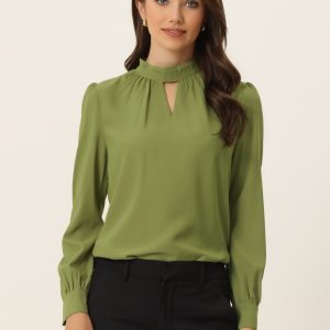 Keyhole Elegant Stand Collar Long Sleeve Chiffon Office Blouse Avocado Green/S - Allegra K catalog