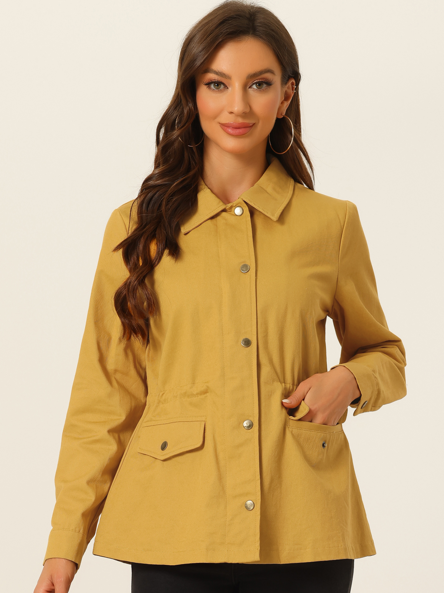 Drawstring Waist Flap Pocket Lightweight Utility Safari Jacket Ginger/L - Allegra K catalog