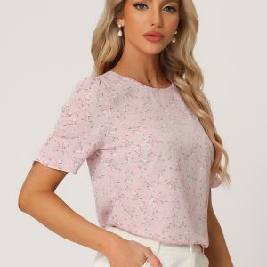 Floral Crew Neck Ruched Sleeve Casual Blouse Pink Floral/XL - Allegra K catalog