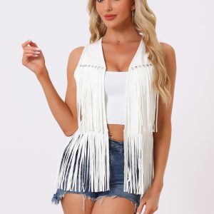 Fringe Open Front 70s Outfits Faux Suede Tassel Vest White/XS - Allegra K catalog