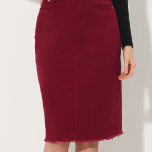 Casual High Waist Back Slit Stretch Denim Midi Jean Skirt Dark Red/L - Allegra K catalog